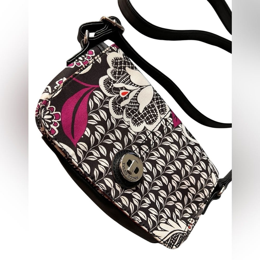 Tyler Rodan Floral Black and White Crossbody Bag with Purple & Orange Accents - Picture 2 of 16